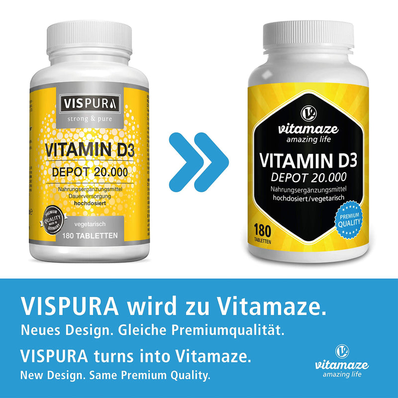 High-dose vitamin D3 20,000 IU per tablet (20-day dose), 180 vegetarian tablets (divisible), natural dietary supplement without additives, Made in Germany - NewNest Australia