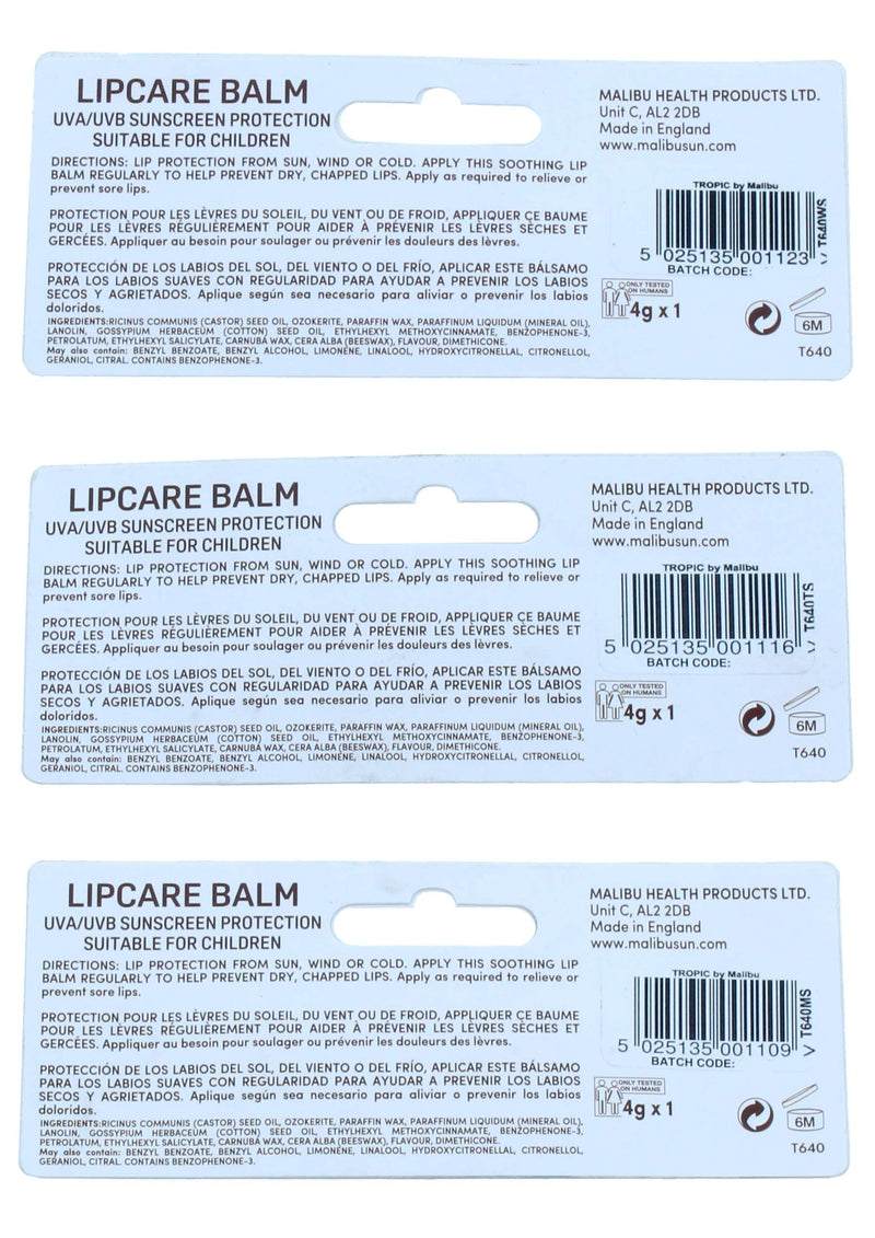 Malibu Tropic By Lip Balm Single Assorted Flavours Mango/Watermelon/Tropical SPF30, 0.021 kg - NewNest Australia