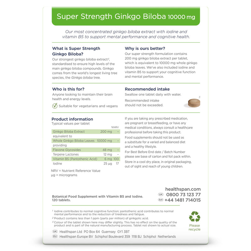 Healthspan Ginkgo Biloba 10,000 Mg | 120 Tablets | Iodine And Vitamin B5 | Reduces Fatigue | Strengthens Cognitive Function & Mental Performance | Rich Source Of Flavone Glycosides | Vegan - NewNest Australia
