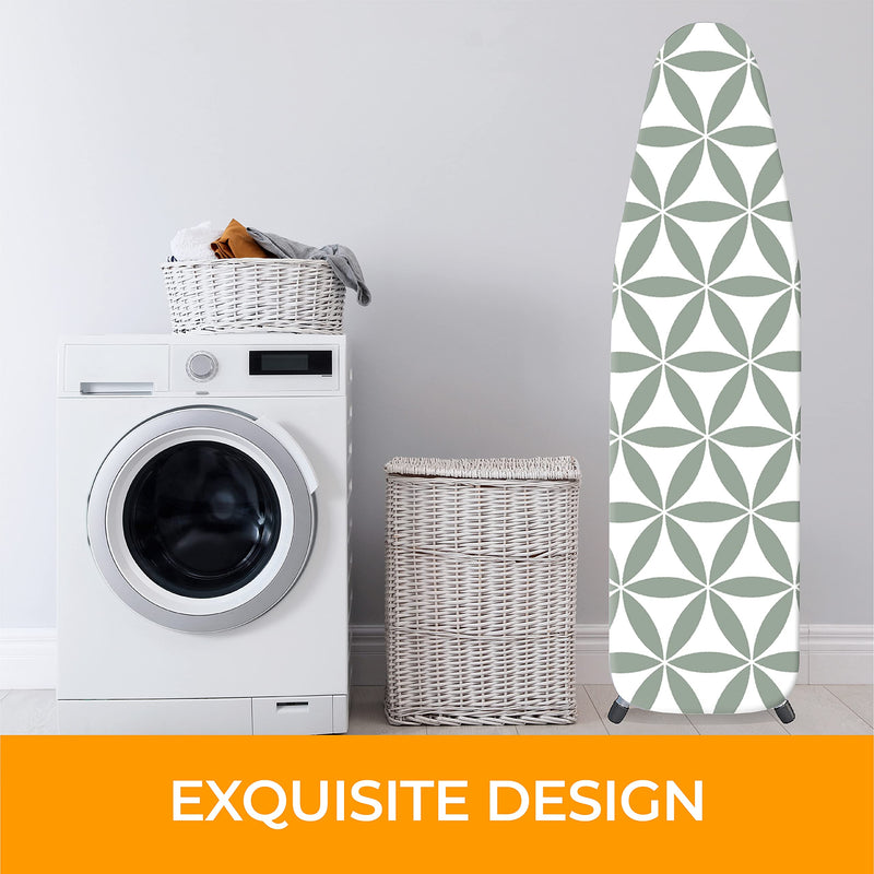 Ironing Board Cover and Pad Extra Thick Heavy Duty Padded 4 Layers Non Stick Scorch and Stain Resistant 15x54 and 3 Fasteners Elastic Edge with 2 Bonus Laundry Bag and Protective Scorch Mesh Cloth Flower of Life: Green/White - NewNest Australia