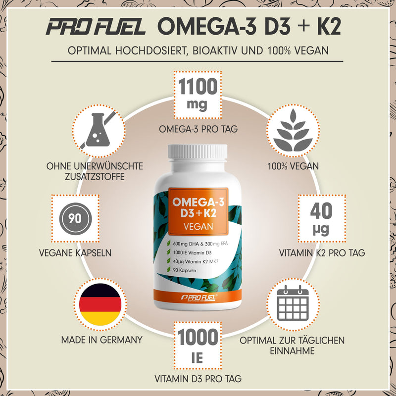 Omega-3 vegan + D3 & K2 (90x), 1100mg algae oil with 600mg DHA & 300mg EPA + 1000 IU vitamin D3 + 40 µg vitamin K2 - O3 D3 K2 vegan Essentials - Omega-3 capsules high dosage, bioavailable & laboratory tested 90 pieces (1 pack Pack) - NewNest Australia