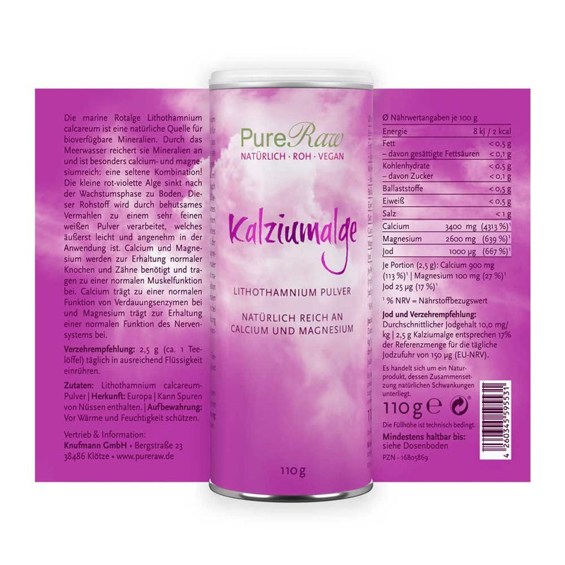 Calcium Algae Natural Calcium Powder - Calcium Carbonate Powder Lithothamnium Calcareum Red Algae - Bioavailable Minerals Calcium Magnesium | PureRaw 110g 110.00 g (pack of 1) - NewNest Australia