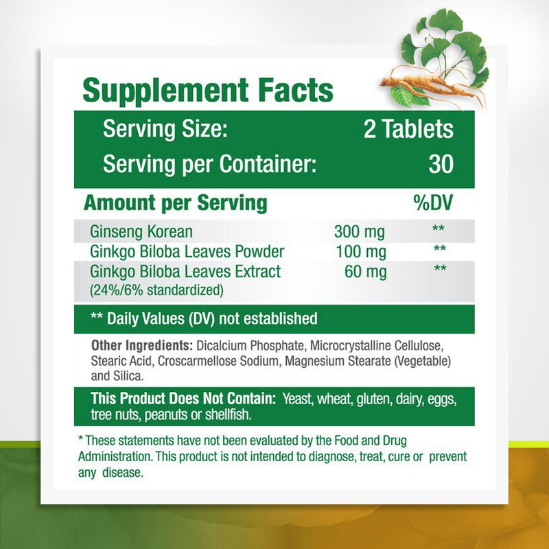 Panax Ginseng + Ginkgo Biloba Tablets - Premium Non-GMO/Veggie Superfood - Traditional Energy Booster and Brain Sharpener - Unique Twin Supplement Combines Ginseng and Ginkgo Biloba 60 Veggie Tablets 60 Count (Pack of 1) - NewNest Australia