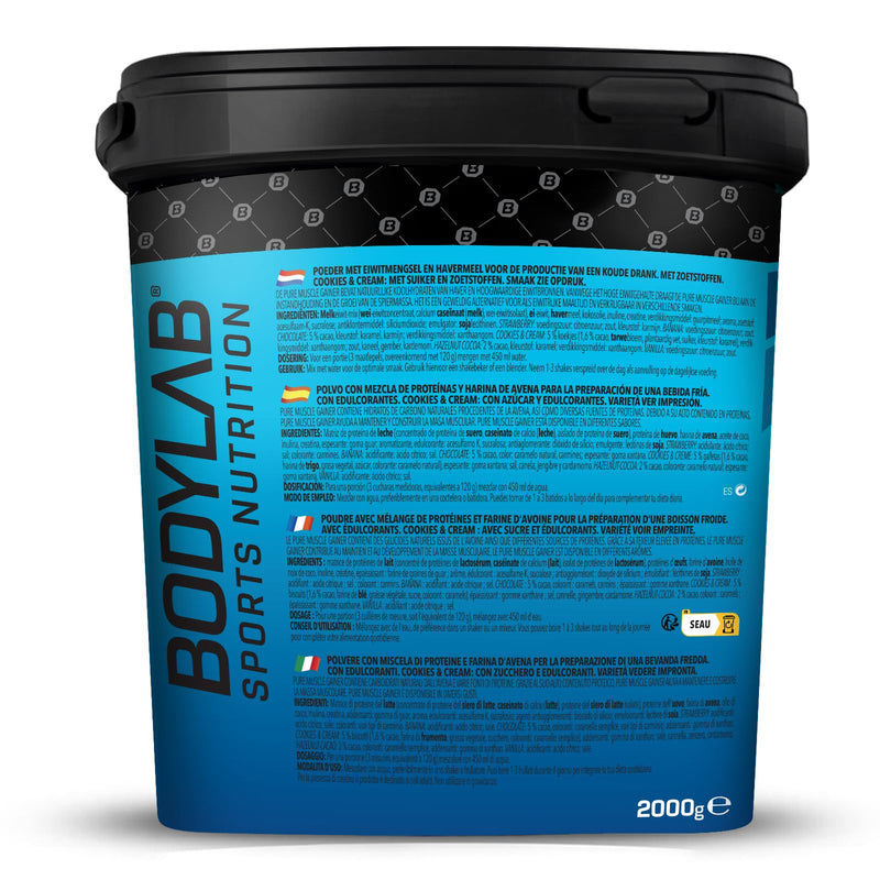 Bodylab24 Pure Muscle Gainer Vanilla 2000g, 100g each 33g natural carbohydrates, 40g protein and 12g fat, enriched with creatine monohydrate, perfect weight gainer shake for building mass - NewNest Australia