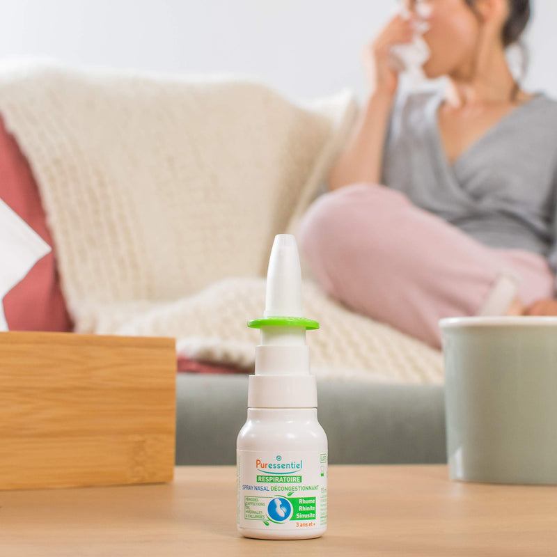 Puressentiel Respiratory Decongestant Nasal Spray 15ml - Cold & Flu - Hayfever & Blocked Nose Relief - Instant Action - 100% Natural & Organic Essential Oils - Sea Water - Suitable for 3y+ - NewNest Australia