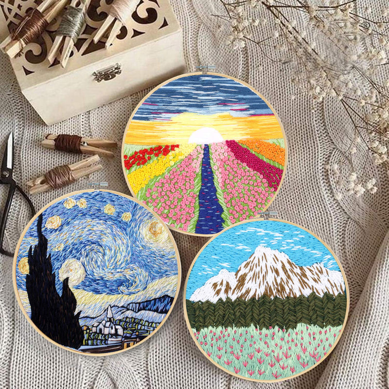 Santune 3 Sets Embroidery Starter Kit with Pattern and Instructions, Cross Stitch Set, Stamped Embroidery Kits with 3 Embroidery Clothes with Pattern, 1 Embroidery Hoops A-Van Gogh-Rainbow-Mountain - NewNest Australia