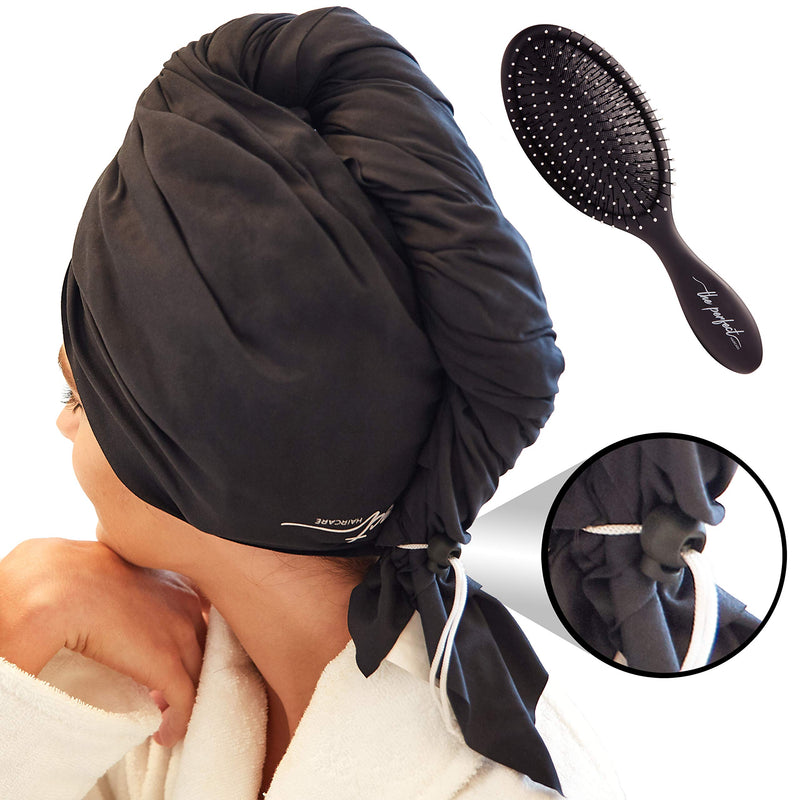 NewNest Australia - Ultra-Fine Microfiber Hair Towel Wrap - The Perfect Haircare - Anti-frizz Fast Drying Turban with Wet/Dry Brush Black 