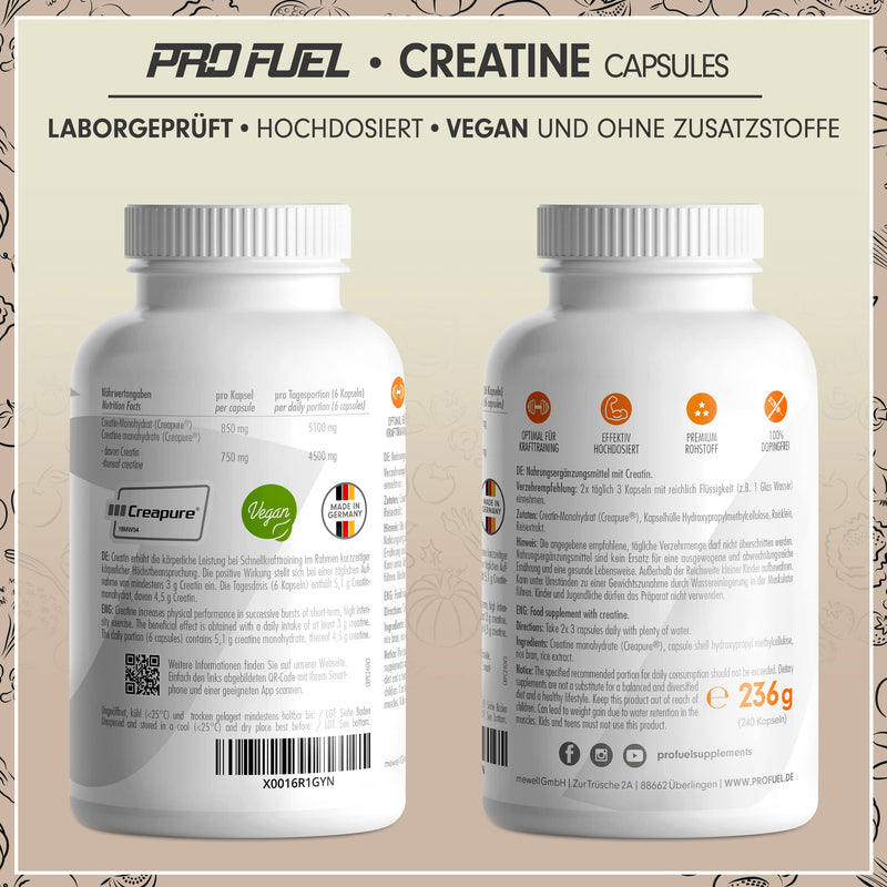 Creatine Capsules 240X With 850 Mg Creapure Creatine Monohydrate ‚ High-Quality Creatine Made In Germany ‚ 100% Vegan ‚ Extra High Dose For Fitness And Weight Sports ‚ Profuel - NewNest Australia
