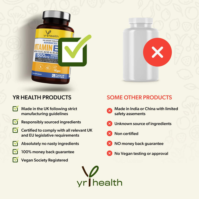 Vegan Vitamin B12 Tablets 1500mcg Methylcobalamin High Strength with Added Folic Acid & Black Pepper - 180 Tablets (6 Month Supply) - Reduction of Tiredness & Fatigue - Made in The UK by YrHealth - NewNest Australia