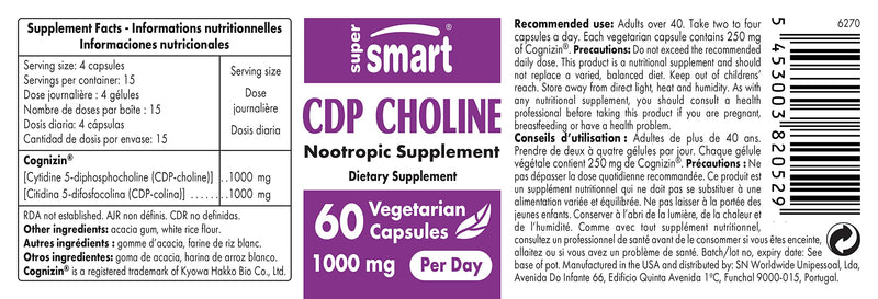 Supersmart - Cdp Choline (Citicoline) 1000 Mg Per Serving - Nootropic Supplement - Optimises Norepinephrine, Dopamine & Acetylcholine Levels - Brain Supplement | Non-Gmo - 60 Vegetarian Capsules - NewNest Australia