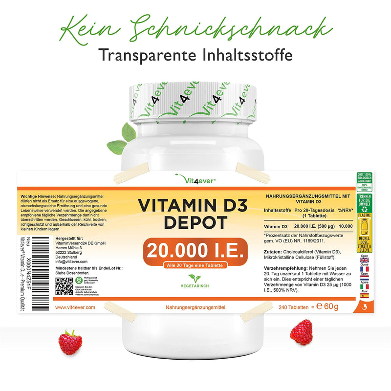 Vitamin D3 20,000 IU depot - 240 tablets - high dose - laboratory tested - vegetarian - high purity - 20 daily dose 1000 IU per day - premium quality - NewNest Australia
