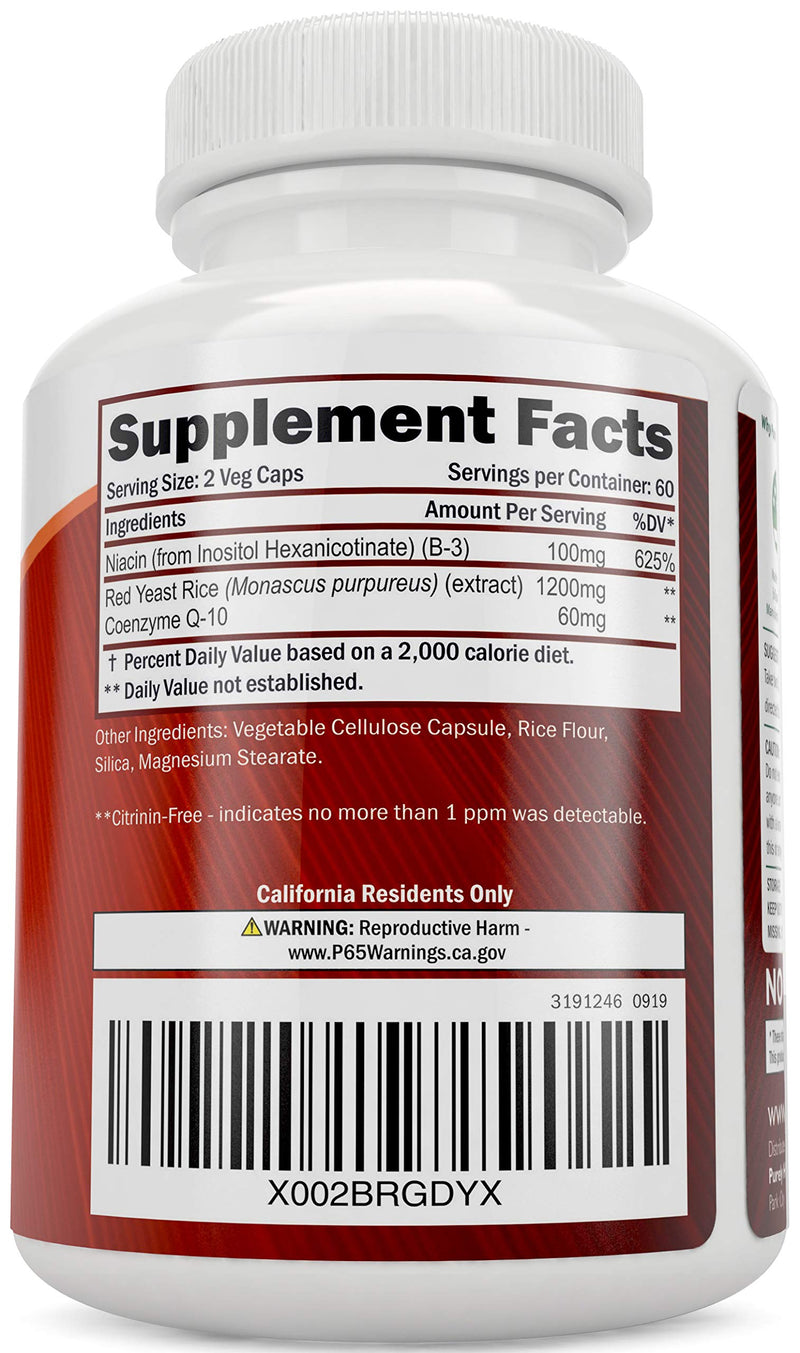 Red Yeast Rice 1200mg with CoQ10 & Flush Free Niacin 120 Vegetarian Capsules - Non Irradiated, Citrinin Free, Supports Healthy Cholesterol Levels & Cardiovascular System - NewNest Australia