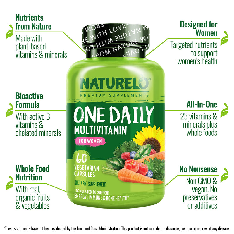 NATURELO One Daily Multivitamin for Women - Energy Support - Whole Food Supplement to Nourish Hair, Skin, Nails - Non-GMO - No Soy - Gluten Free - 60 Capsules | 2 Month Supply 60 Count (Pack of 1) - NewNest Australia