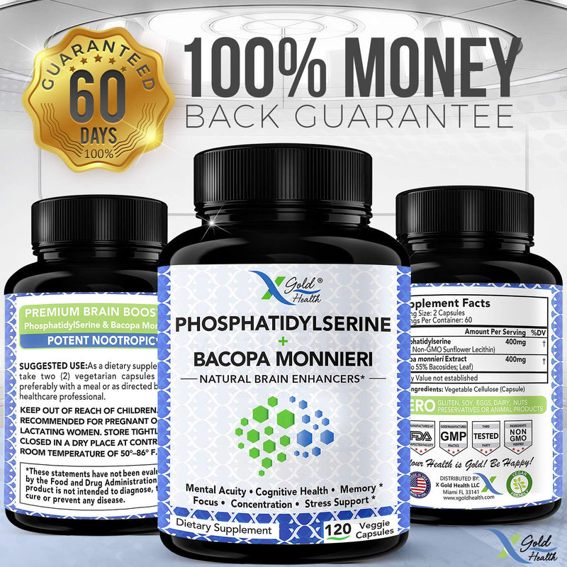 PhosphatidylSerine & Bacopa Monnieri 400 mg 2 in 1 Supplement - Natural Brain Enhancer/Nootropic for Enhanced Focus and Concentration, Memory Support, & Cognitive Function - 120 Vegetarian Capsules - NewNest Australia