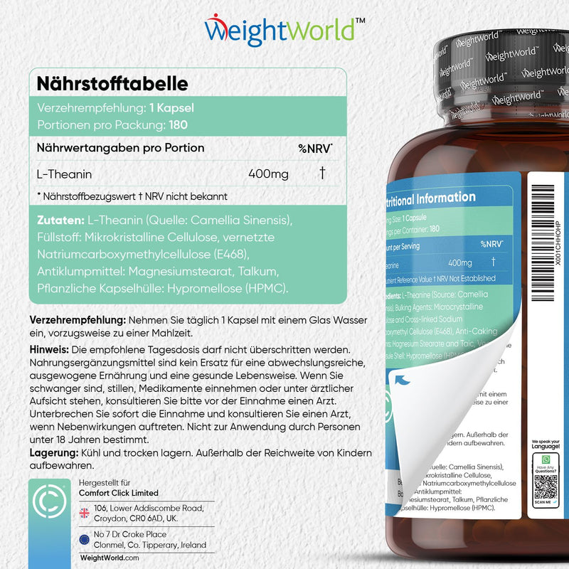 L-Theanine Amino Acid 400 Mg - 180 Vegan Capsules For 6 Months Supply - Made Without Gmo And No Magnesium Stearate - Gluten Free & Natural Ingredients - Amino Acid L-Theanine - Weightworld - NewNest Australia