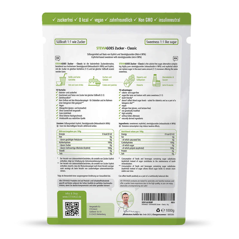 Steviagoes Sugar (Classic) - The 1:1 Sugar Substitute Made From Erythritol + Stevia (98% Reb-A), 0 Calories, Vegan, Suitable For Keto Diet And Low Carb Diet, 1Kg 1Kg (Pack Of 1) - NewNest Australia