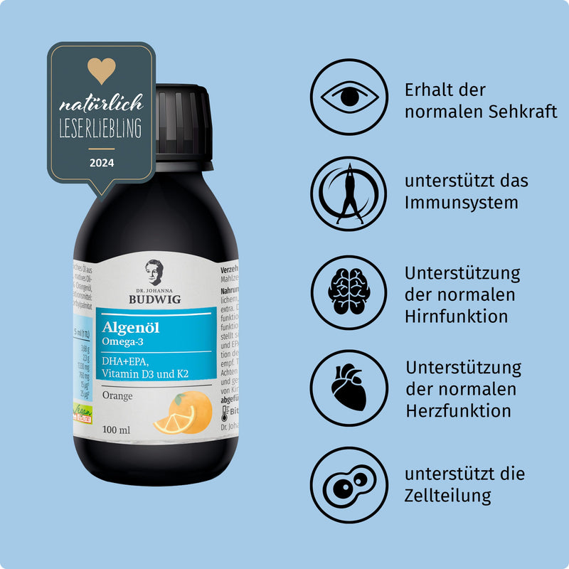 Dr. Budwig Omega 3 Algae Oil Orange (100 ml) high dosage, rich in DHA, EPA, vitamin D3 and K2, with a fruity orange flavor, vegan and vegetarian - NewNest Australia
