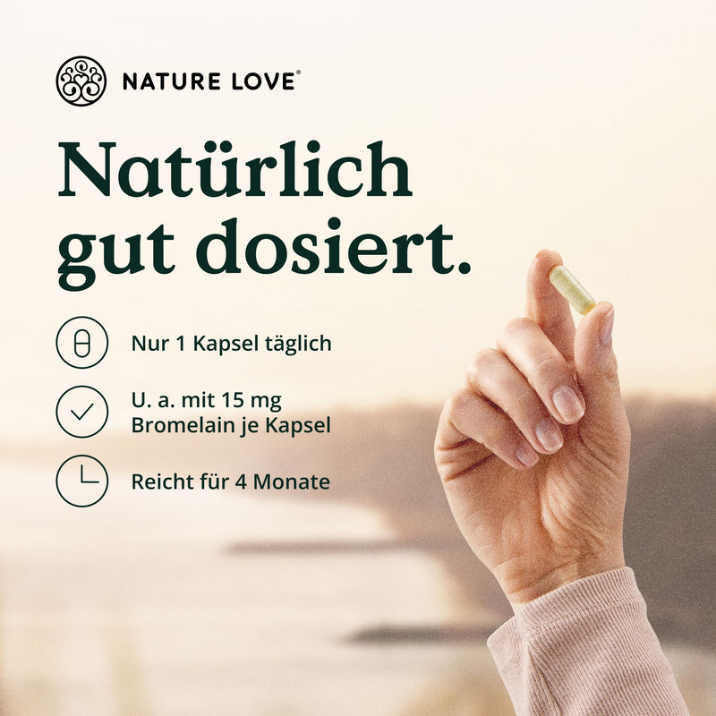 NATURE LOVE® enzyme complex - 120 capsules - including lipase & α-amylase | with bromelain, rutin, cellulase and inulin - digestive enzymes in a 4 month supply - vegan, laboratory tested - NewNest Australia