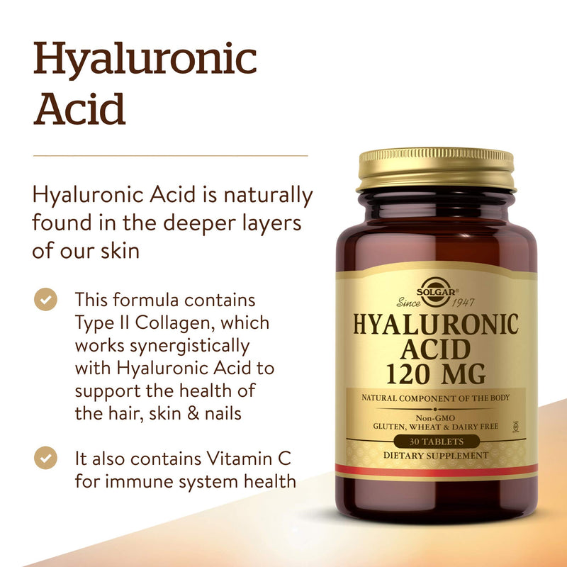 Solgar Hyaluronic Acid 120 mg, 30 Tablets - Pack of 2 - Supports Hair, Skin & Nails - Contains Hydrolyzed Collagen Type 2 & Chondroitin - Non-GMO, Gluten Free, Dairy Free - 60 Total Servings - NewNest Australia