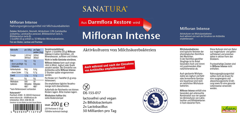 Sanatura Mifloran Intense - 200 G - High-Dose Lactic Acid Bacteria - 50 Billion Cfu Per Daily Dose - Intestinal Flora Build-Up During And After Antibiotics - Vegan And Lactose-Free - NewNest Australia
