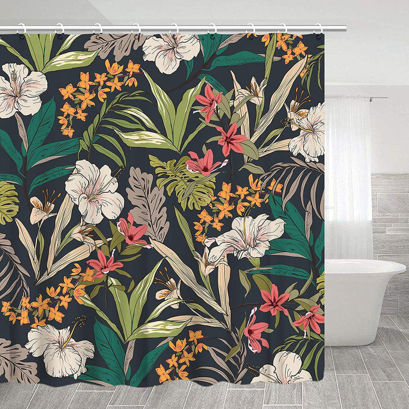 Windkisscurtain Shower Curtains with 12 Hooks, Floral Shower Curtains Set for Bathroom, Waterproof Bathroom Shower Curtain, 72" X 72", Floral and Leaves 72*72'' - NewNest Australia