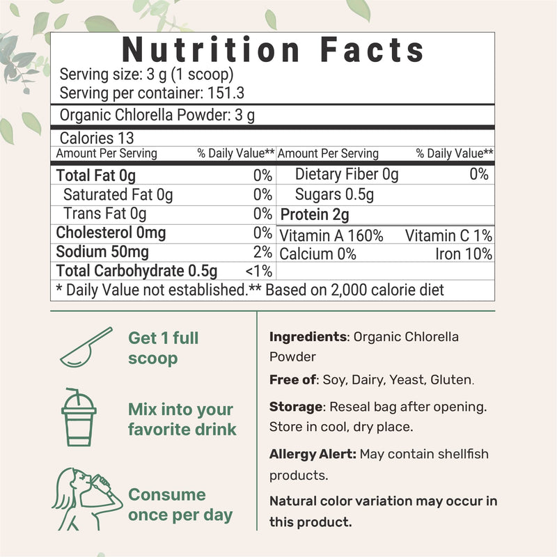 Organic Chlorella Powder, 16 Ounce (1lb), Broken Cell Wall, Rich in Vegan Proteins & Vitamins, Raw, Bulk Premium Chlorella Supplement, Vegan Friendly, Non-Irradiation 1 Pound (Pack of 1) - NewNest Australia