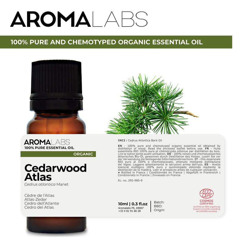BIO - Cedarwood Atlas Essential Oil - 10mL - 100% Pure, Natural, Chemotyped and AB/Cosmos Certified - AROMA LABS (French Brand) 10 ml (Pack of 1) - NewNest Australia