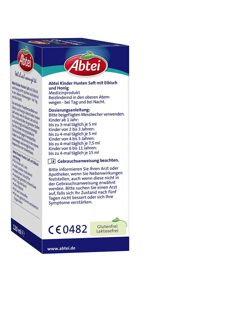 Abtei Children's Cough Juice - with strawberry flavor, marshmallow and honey - for children and toddlers from 1 year old - without alcohol, gluten-free, lactose-free - 1 x 120 ml - NewNest Australia