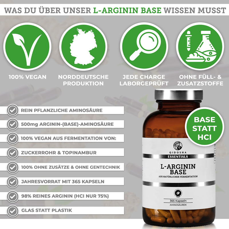 Qidosha L Arginine Base Capsules High Dose 365 Capsules In Glass L-Arginine Base 500Mg Per Capsule, Pure Vegetable Amino Acid L-Arginine Base Capsules, 100% Vegan, Produced In Germany - NewNest Australia