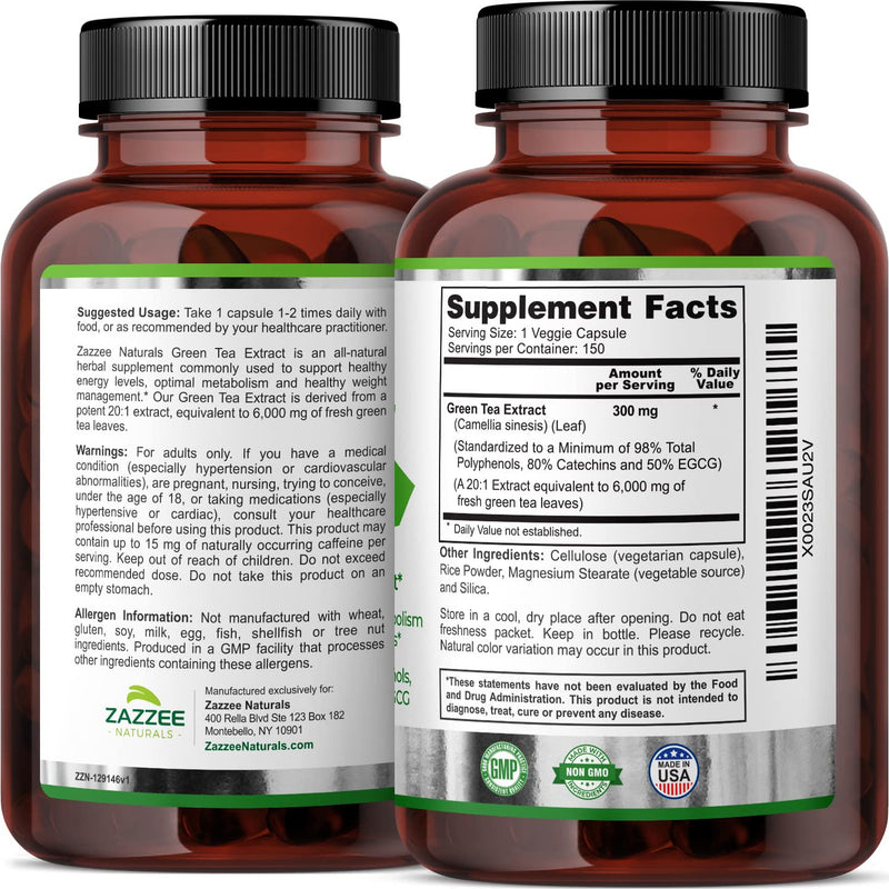 Zazzee Extra Strength Green Tea 20:1 Extract, 6000 mg Strength, 150 Vegan Capsules, 50% EGCG, 98% Polyphenols and 80% Catcehins, Potent 20x Extract, Up to 5 Month Supply, Vegan, All-Natural - NewNest Australia