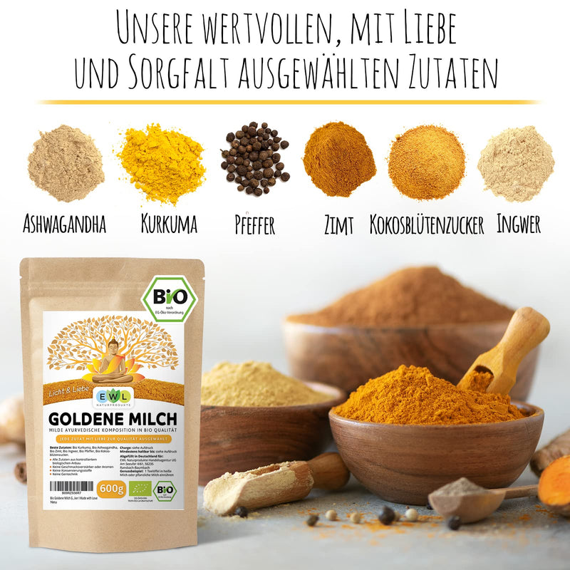 Ewl Natural Products Organic Golden Milk 600G, Golden Milk With Turmeric, Ginger, Ashwaganda, Ceylon Cinnamon, Ceylon Pepper, Coconut Blossom Sugar 600G (Pack Of 1) - NewNest Australia