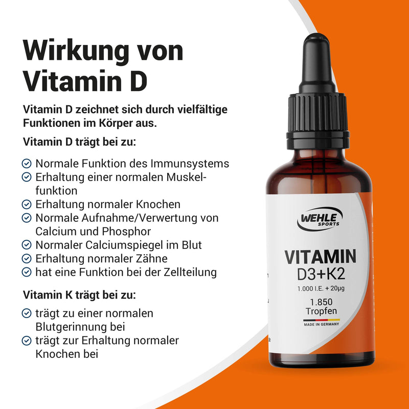 Wehle Vitamin D3 K2 drops high dosage with 1000 IU vitamin D3 and K2 & MCT oil - 50ml 1700 drops - NewNest Australia