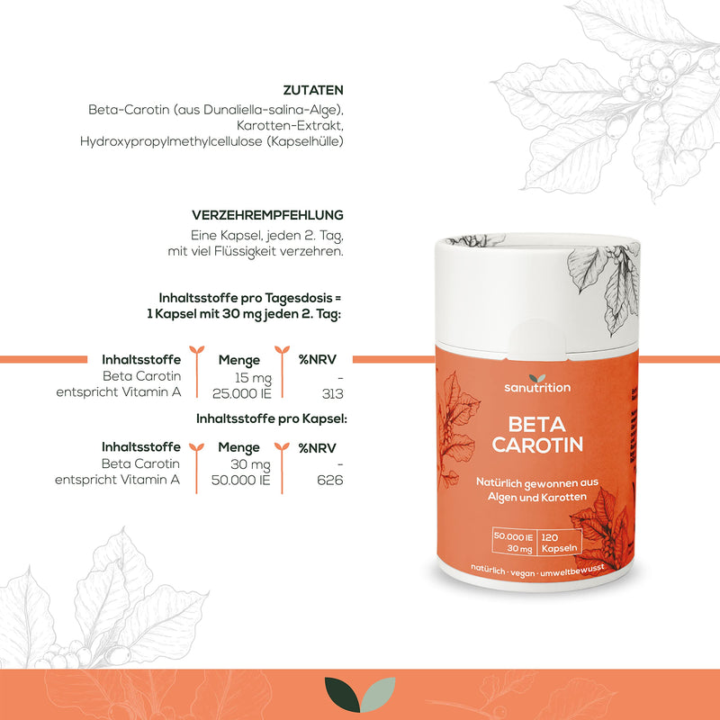 Beta carotene from algae 50,000 IU vitamin A per capsule | 120 capsules | High dosage | made from Dunaliella salina algae and carrot extract | good bioavailability and tolerability | Vegan - NewNest Australia