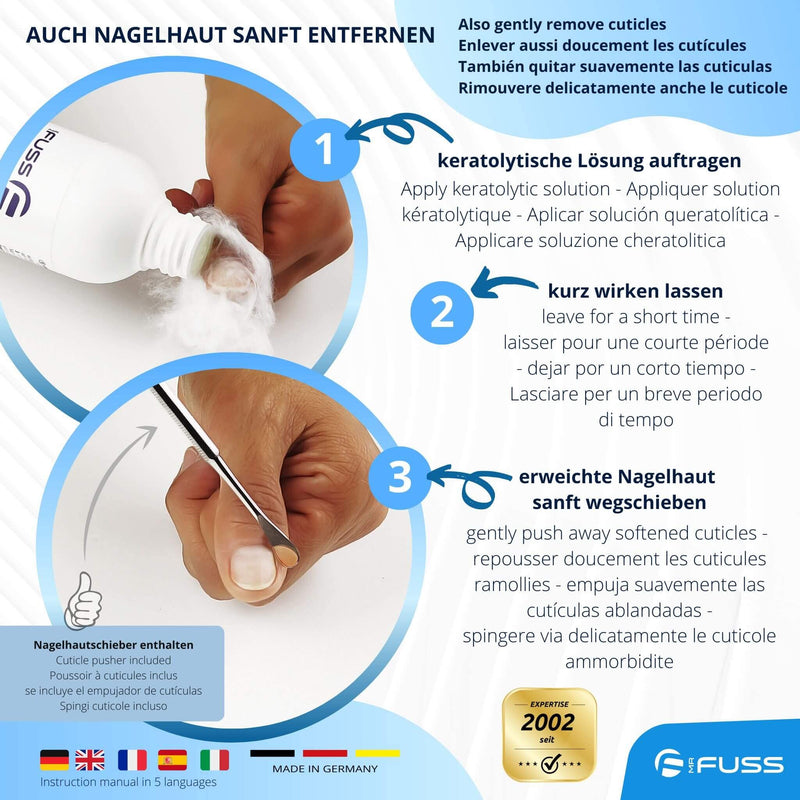 Mr. Fuss® No. 4 - Advanced Pack Complete - Small, cuticle callus remover economy package 5 pieces. Active solution, quick-softening - 250 ml, balm no. 2-100 ml, cotton wool, cutlery set 1 piece (pack of 1) - NewNest Australia