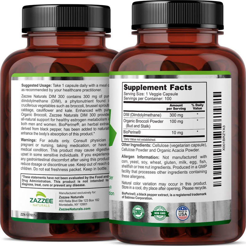 Zazzee Extra Strength DIM 300 mg per Capsule, 10 mg BioPerine, 100 Vegan Capsules, 100 Day Supply, Plus Pure Organic Broccoli Extract, Vegan and Non-GMO - NewNest Australia