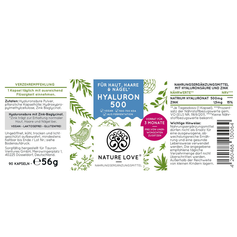 Nature Love Hyaluronic Acid Capsules - Comparison Winner 2019* - High Dose: Now 500Mg Instead Of 400Mg - 90 Pieces (3 Months) - 500-700 Kda - Laboratory Tested, Vegan, Made In Germany - NewNest Australia