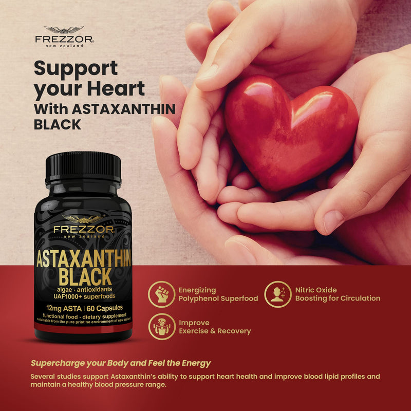 FREZZOR New Zealand Astaxanthin Black with UAF1000+, Anti-Aging, Skin, Eye, Nerve, Muscle Recovery, Cardiovascular and Immune Support Antioxidant Supplement, 12mg Astaxanthin, 30 Servings, 1 Bottle - NewNest Australia