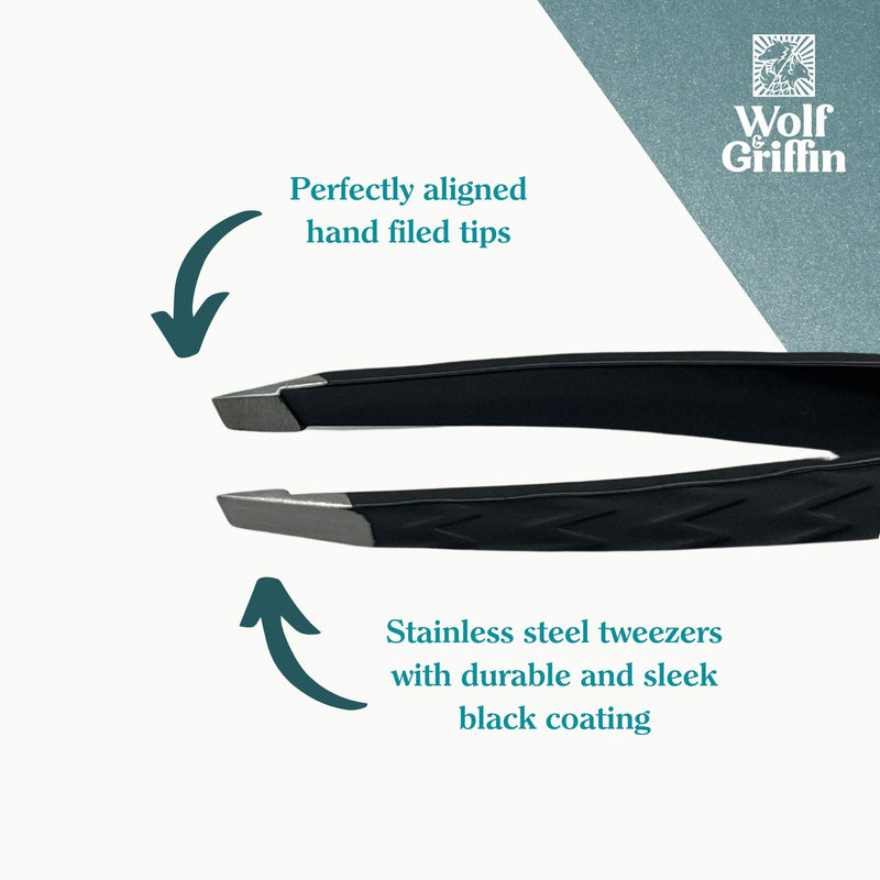Wolf & Griffin Black Edition Ultimate Precision Tweezers with Case | Stainless Steel with Black Coating | Professional Slant Eyebrow Tweezers for Men and Women - NewNest Australia