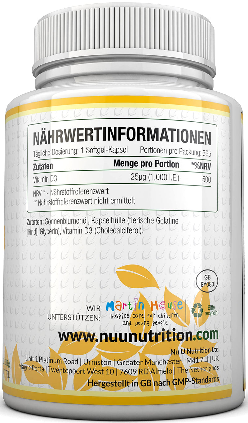 Vitamin D3 1,000 IU high dose | for bones, teeth & immune system | Annual supply | 100% Money Back Guarantee | 365 Softgel Capsules | Dietary supplements from Nu U Nutrition - NewNest Australia