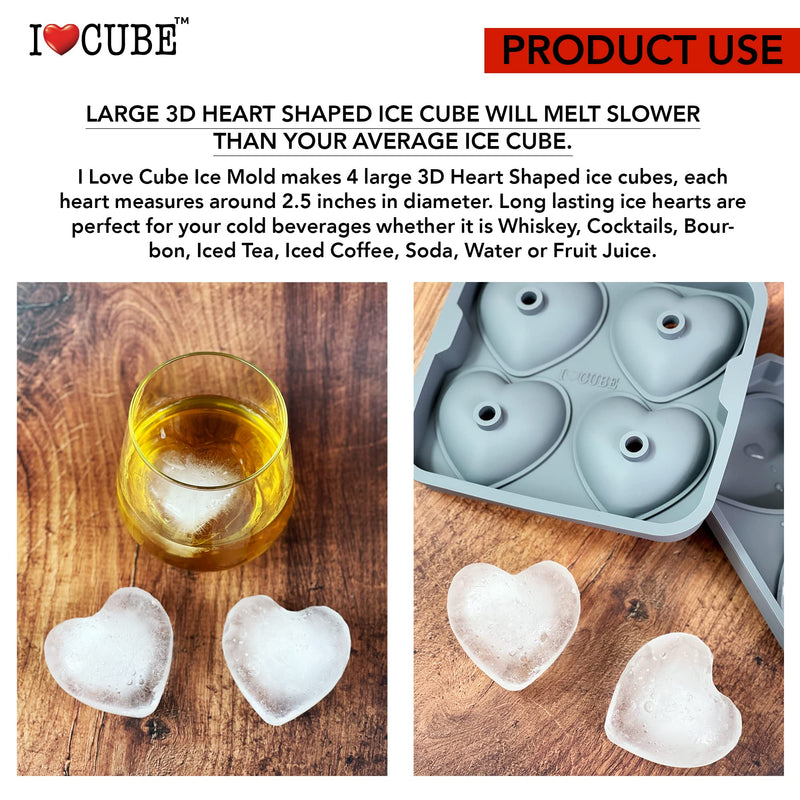 I LOVE CUBE Ice Cube Tray, 3D Heart Ice Mold, Large Big Heart Cube - 2.5 Inches Heart Shape Ice Mold for Whiskey, Cocktail, Beverages, Iced Tea & Coffee - NewNest Australia