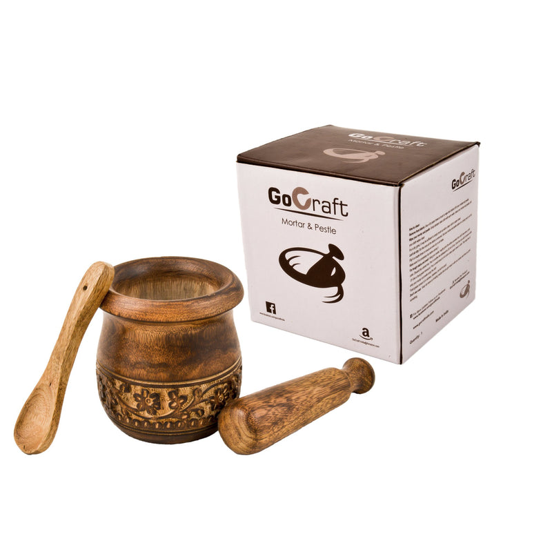 NewNest Australia - GoCraft Wooden Carved Mortar and Pestle | Grinder for Herbs, Spices and Kitchen Usage, Natural Mango Wood Engraved | Handmade Mortar and Pestle - 3.5 in 