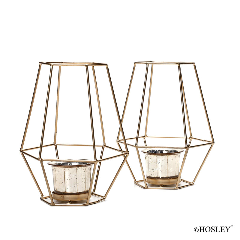 NewNest Australia - Hosley 7 Inch High Lantern with Metallic Gold Glass Set of 2. Ideal Gift for Weddings Parties Special Events Spa Aromatherapy Votive Tealight Pillar Candle Gardens. O5 