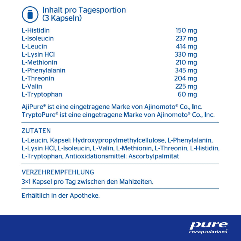 Pure Encapsulations - Essential Aminos - Balanced combination of essential amino acids - 180 vegan capsules - NewNest Australia