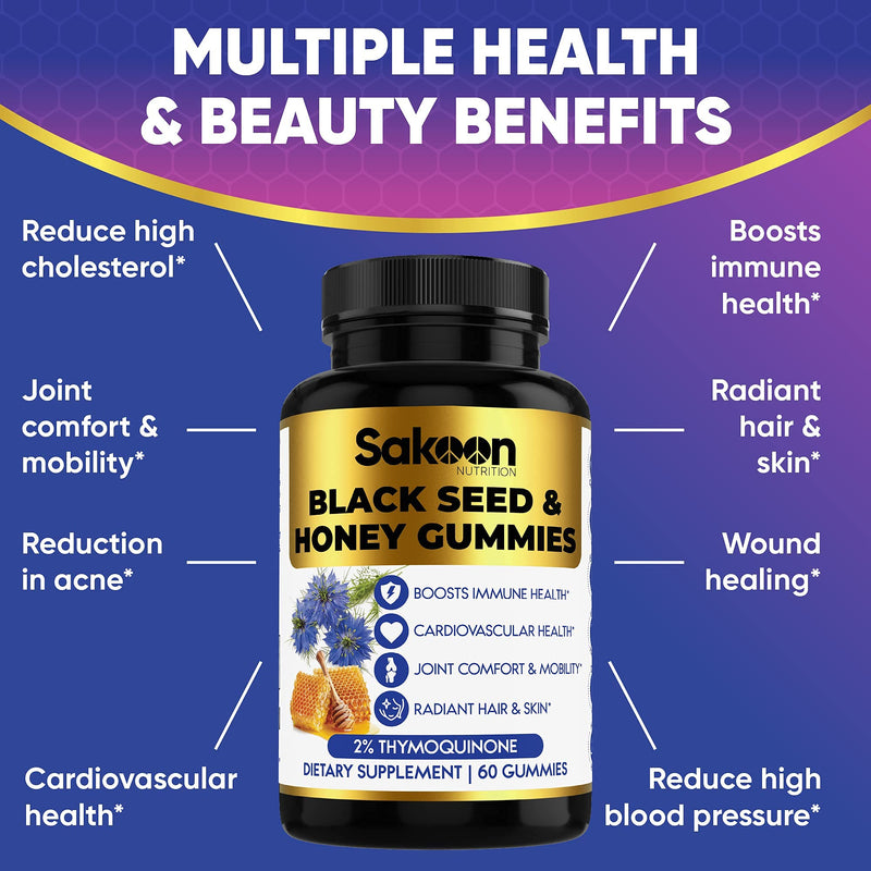 Black Seed Oil & Honey Gummies W/ 2%+ THYMOQUINONE | Nigella Sativa Seeds| Super antioxidant for Immune Support, Joints, Digestion, Hair & Skin | 60 Gummies - NewNest Australia