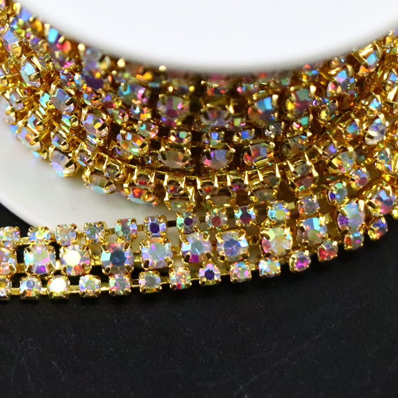 Jerler 3 Rows 2 Yards Rhinestone Trim Close Chain for Crafts Wedding and Clothing Decorations (AB-Gilded) AB-Gilded 3 Rows-2 Yards - NewNest Australia