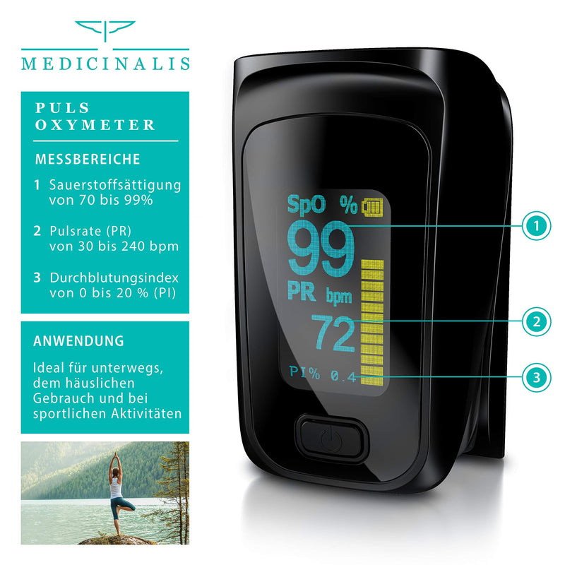 Medicinalis - Finger Pulse Oximeter - Spo2 Pulse Monitor - Measures Pulse And Oxygen Saturation On Finger - Oled Display - Battery Indicator - Alarm - One-Touch Operation - NewNest Australia