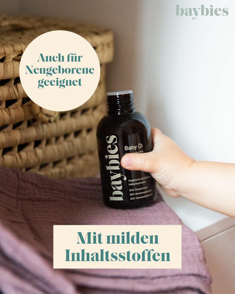 BAYBIES® Baby Care Oil | Certified natural cosmetics | Vegan baby oil for care, cleansing & massage | Baby Shower Gift Idea | 100ml - NewNest Australia