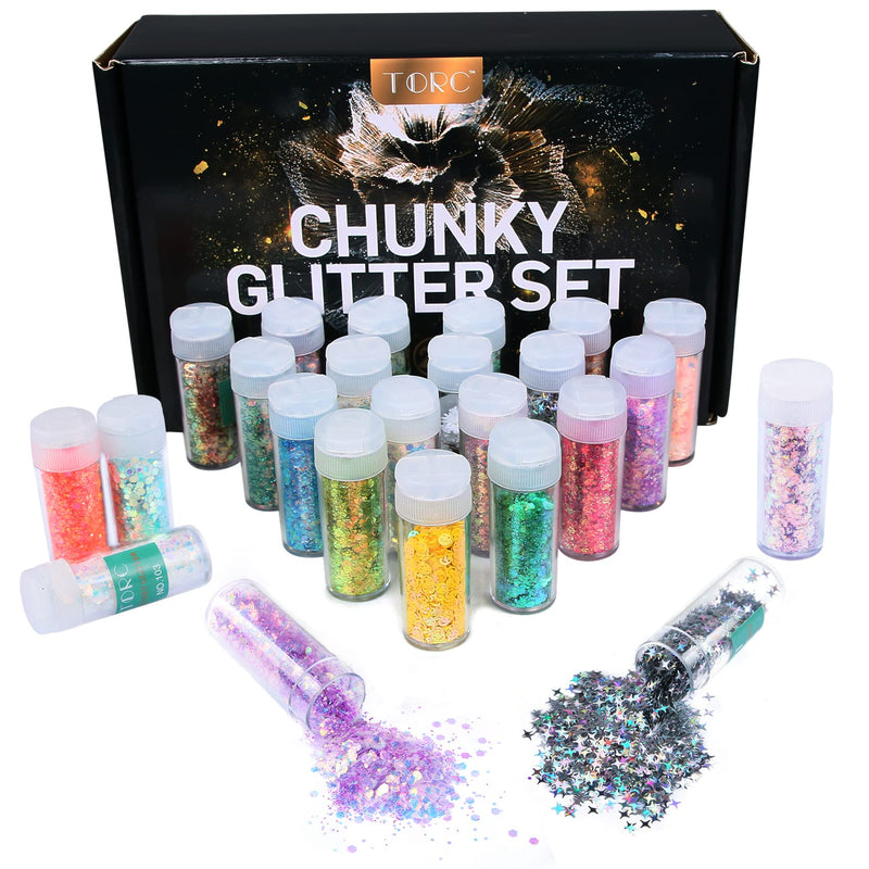 TORC Holographic Chunky Glitter Set, 24 Colors, Fine Chunky Mix Glitter for Nail Art Cosmetic Body Hair Festival Makeup Crafts, Shaker Jar Total 240 g 24 chunky glitter - NewNest Australia