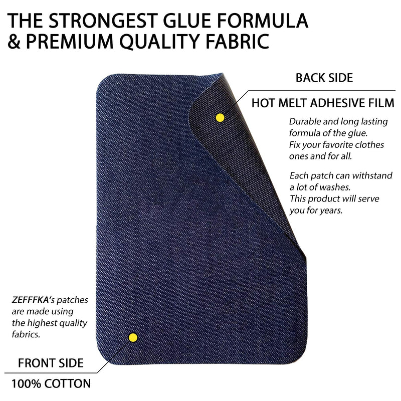 ZEFFFKA Premium Quality Denim Iron-on Jean Patches Inside & Outside Strongest Glue 100% Cotton Assorted Shades of Blue Repair Decorating Kit 12 Pieces Size 3" by 4-1/4" (7.5 cm x 10.5 cm) - NewNest Australia