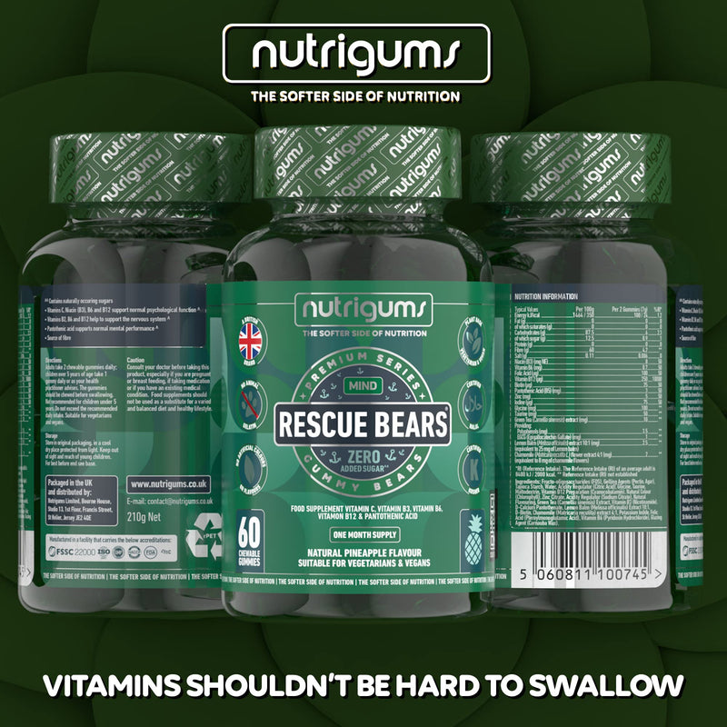 RESCUE BEARS 60 Vegan Gummies. Daytime Stress & Anxiety Relief with Glycine, Taurine, Green Tea, Lemon Balm, Chamomile, Vitamins & Prebiotics for Calming. Pineapple Flavour. - NewNest Australia